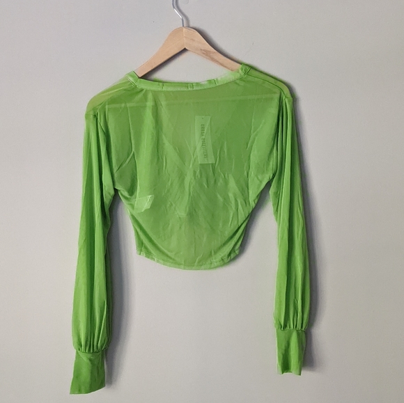 UO | Ruched Mesh Lime Green Blouse - Picture 9 of 11